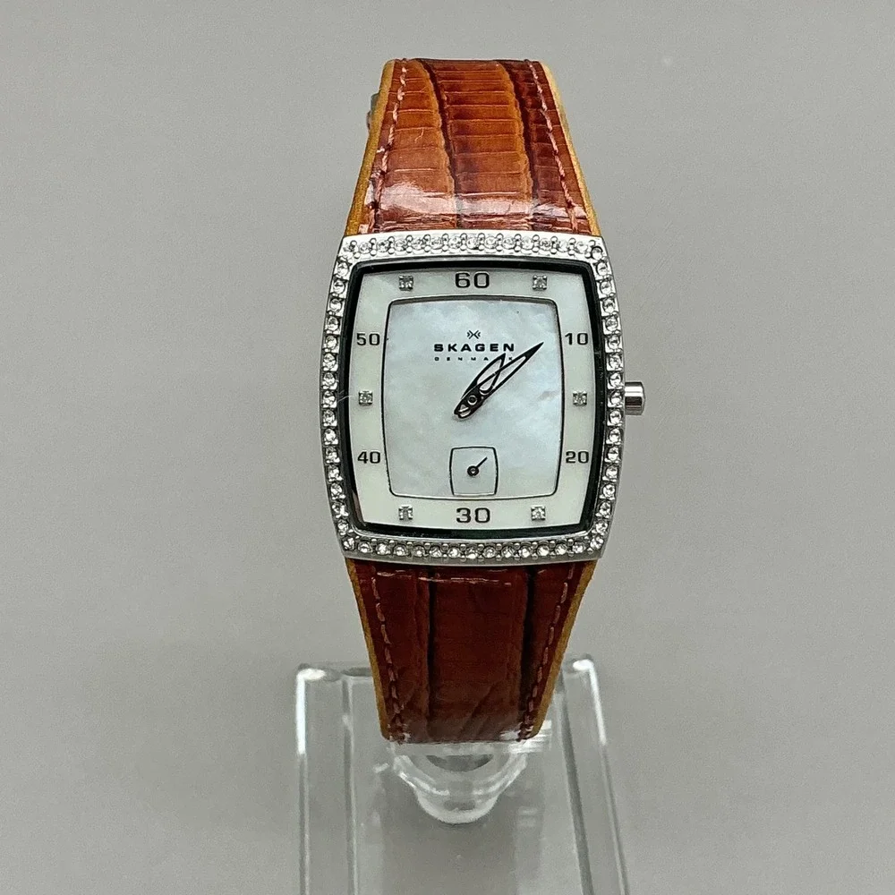 Skagen Watch Women Brown Leather Crystal Bezel Mother Pearl 34x40mm NEW BATTERY